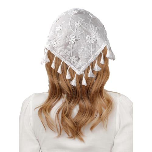 ZAZUZU Weiße Blumenspitze, handgefertigt, gehäkelt, Haarbandana, Haarschal, Dreiecks-Stirnbänder, Häkelhaarband, Kopftuch für Frauen und Mädchen von ZAZUZU