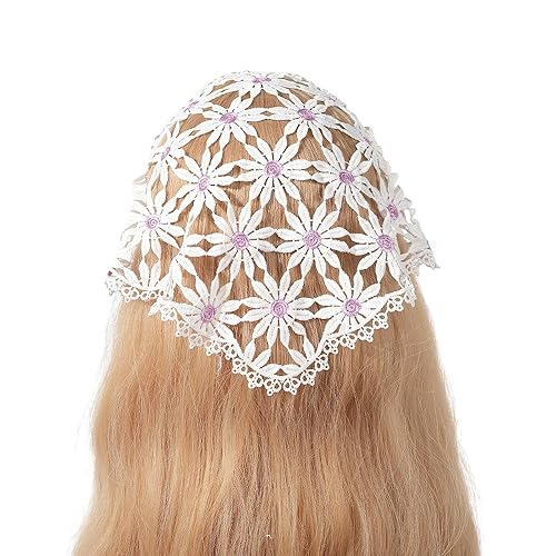 ZAZUZU Weiße Gänseblümchen, hohles Häkel-Haarbandana, Dreieckstuch, Stirnbänder, Häkel-Haarband, Mädchen-Blumen, Spitzenkante, Kopftuch, Stickerei-Kopftuch von ZAZUZU