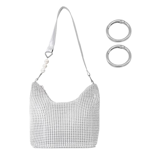 ZBHDEYG 1 Silberne Strass-Tasche, 2 Offene Federringe, Kristall-Geldbörse, Damen-Umhängetasche, Glitzernde Kleine Quadratische Tasche, Ketten-Umhängetasche, Modische Glitzer-Umhängetasche von ZBHDEYG