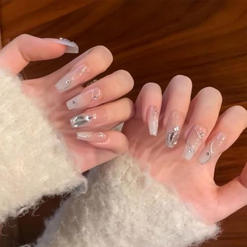 24 Stück/Packung Künstliche Nägel Zum Aufdrücken Künstliche Nägel Mit Silbernen Wirbeln Und Glänzendem Finish Französische Tipps Für Frauen Und Mädchen von ZBIianxer