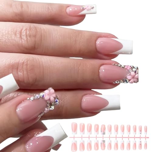 24 Stück Elegante French Tip Nagelnägel Zum Aufdrücken Mit Strasssteinen Und 3D Blumenakzenten Acrylnägel Mit Vollständiger Abdeckung Für Frauen 24 Stück Elegante French Tip Nagelnägel Zum Aufdrücken Mit Strasssteinen Und 3D Blumenakzenten Acrylnägel Mit Vollständiger Abdeckung Für Frauen von ZBIianxer