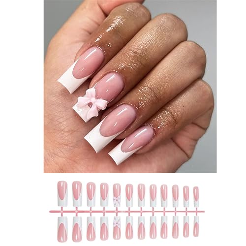 24 Stück French Tip Press On Nails Mediums Long Sarg Falsche Nägel 3D Bowknot Stick On Nails Manikürezubehör Für Frauen von ZBIianxer