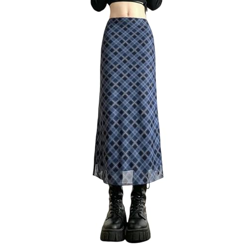 ZBJZUIMEI Rock Frauen Frühling Herbst Plaid Print Wrap Hüften Röcke Knöchel-länge Schlanker Bleistiftröcke Preppy Style Girls Schlitz Mitteltirt-blau-l von ZBJZUIMEI