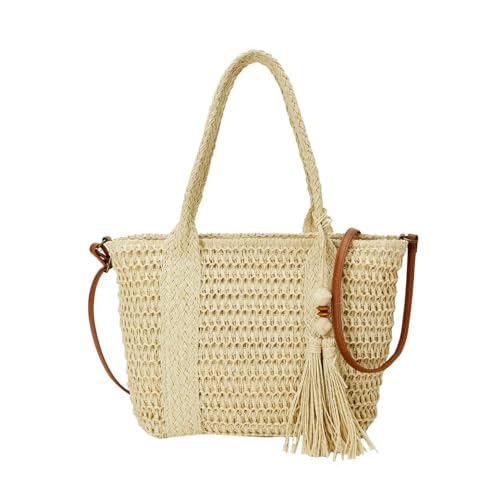 ZBJZUIMEI Strohtaschen Damen Shopper Sommerstrohbeutel Frauen Große Kapazität Schulter Messengerbeutel Handgefertigt Gewebte Handtasche Böhmen Urlaub Rattan Beach Geld-beige-26 Cm 10 23 von ZBJZUIMEI