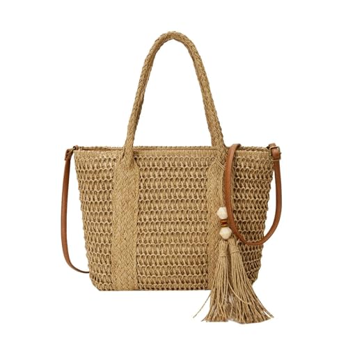 ZBJZUIMEI Strohtaschen Damen Shopper Sommerstrohbeutel Frauen Große Kapazität Schulter Messengerbeutel Handgefertigt Gewebte Handtasche Böhmen Urlaub Rattan Beach Geld-khaki-26 Cm 10 23 von ZBJZUIMEI