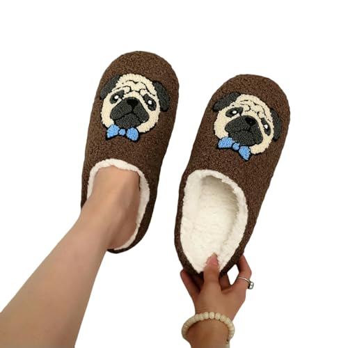 ZBJZUIMEI hausschuhe damen Brown Mops Haustierstickmuster Plüsch Home Soft Soled Bequeme Fuzzy Pantoffeln Süße Warme Und Rutschfeste Innenschuhe Für Männer Frauen-rdhabagou-42-43 von ZBJZUIMEI