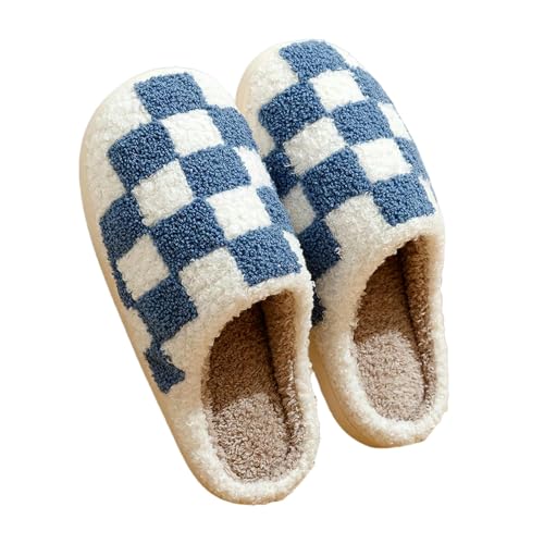 ZBJZUIMEI hausschuhe damen Retro Checker Frauen Winter Warm Hausschuhen Paar Innenschlafzimmer Anti-rutsch Weicher Alleiniger Freizeitschuhe Männer Männer-blau-43-44 von ZBJZUIMEI