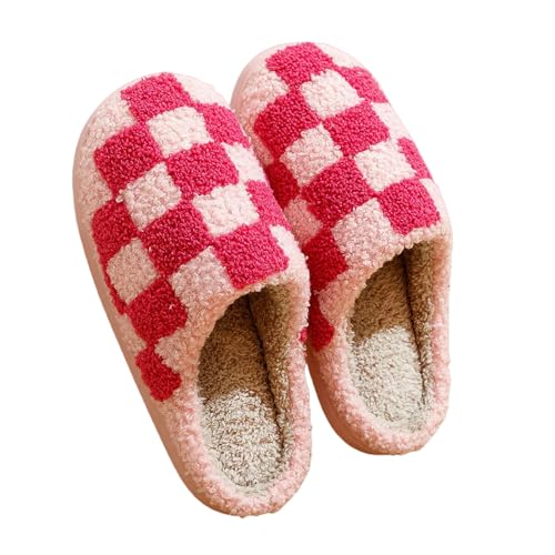 ZBJZUIMEI hausschuhe damen Retro Checker Frauen Winter Warm Hausschuhen Paar Innenschlafzimmer Anti-rutsch Weicher Alleiniger Freizeitschuhe Männer Männer-rosa-39-40 von ZBJZUIMEI
