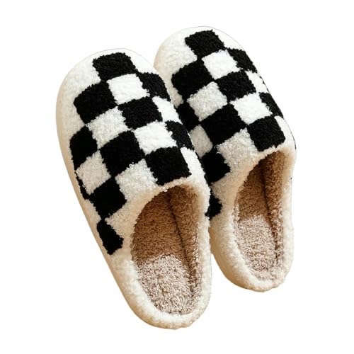 ZBJZUIMEI hausschuhe damen Retro Checker Frauen Winter Warm Hausschuhen Paar Innenschlafzimmer Anti-rutsch Weicher Alleiniger Freizeitschuhe Männer Männer-schwarz-41-42 von ZBJZUIMEI