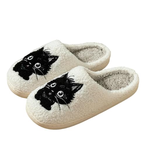 ZBJZUIMEI hausschuhe damen Winter Frauenschuhe Innenkartoon Schwarze Katze Süße Mädchen Slipper Schlafzimmer Anti-rutsch Weicher Sohle Bequeme Baumwollhomeshoden-weiss-39-40 von ZBJZUIMEI