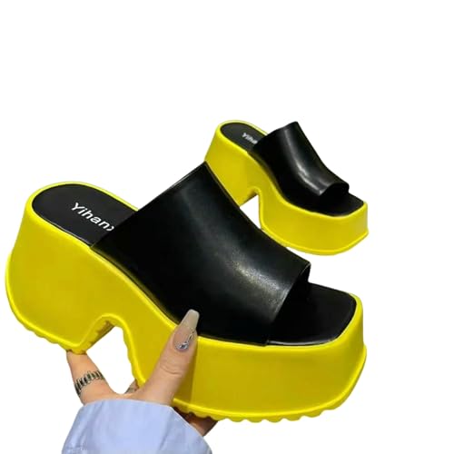 ZBJZUIMEI sandalen damen Punk Chunky Heels Mules Schuhe Für Frauen Nietplattform Slide Offene Sommerstraße Goth Strandschuhe-gelb-38 von ZBJZUIMEI