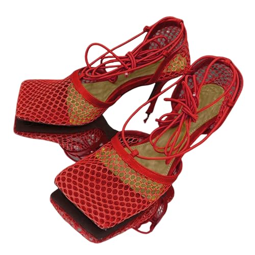 ZBJZUIMEI sandalen damen Sommer Sexy Mesh Pumps Weibliche Quadratzehen High Heel Schnürung Gekreuzt Stiletto Hollow Kleiderparty Schuhe-rot-41 von ZBJZUIMEI