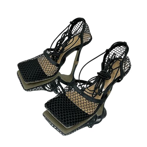 ZBJZUIMEI sandalen damen Sommer Sexy Mesh Pumps Weibliche Quadratzehen High Heel Schnürung Gekreuzt Stiletto Hollow Kleiderparty Schuhe-schwarz-41 von ZBJZUIMEI