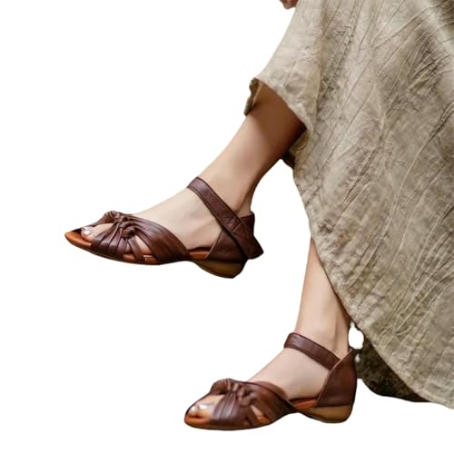 ZBJZUIMEI sandalen damen Sommerfischmund Hohlige Frauen Runde Zehen Handgewebtes Modlicht Luxuriöses Retro-schuhe Mit Niedrigem Haken-braun-40 von ZBJZUIMEI
