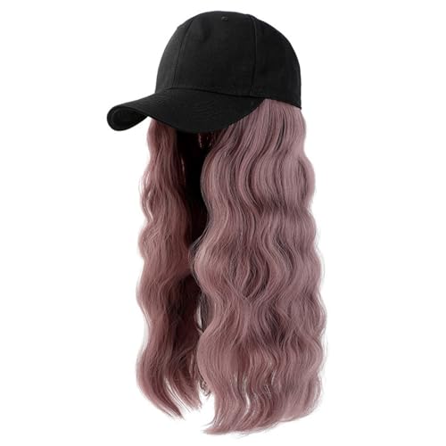 Baseball-Hut-Perücke, lange natürliche wassergewellte Haarverlängerungen für Damen, hitzebeständig, synthetisch, verstellbar(Black+Grey Pink) von ZBYXPP