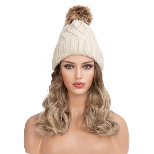 Beanie-Hut-Perücke für Frauen, 25,4 cm lange, lockige, gewellte Haarverlängerungskappe für den täglichen Gebrauch im Winter(10T16) von ZBYXPP