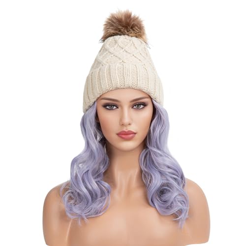 Beanie-Hut-Perücke für Frauen, 25,4 cm lange, lockige, gewellte Haarverlängerungskappe für den täglichen Gebrauch im Winter(Mixed-Lavender) von ZBYXPP