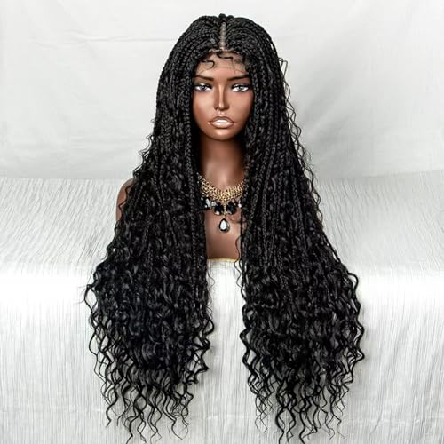 Box-geflochtene Perücken mit Spitzenfront, 36-Zoll-Synthetik-Zopfperücken für Frauen mit feinem Haar, quadratische, knotenlose, lange, geflochtene synthetische Perücken(Black) von ZBYXPP