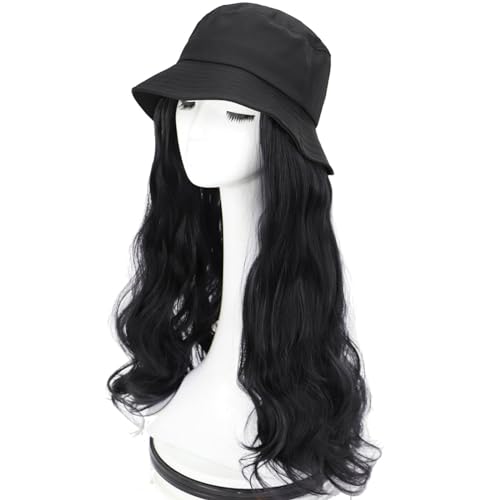 Bucket Hats Perücke, synthetische lange gewellte Haarverlängerungen für Mädchen für den täglichen Gebrauch auf Reisen(natural black) von ZBYXPP