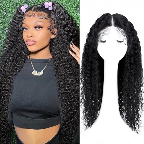 Echthaar Perücke Lace Front Wig, lockiges Echthaar, 5 x 5 HD, transparent, leimlose Perücken für Frauen, 180% Dichte(Black,18inch(45cm)) von ZBYXPP