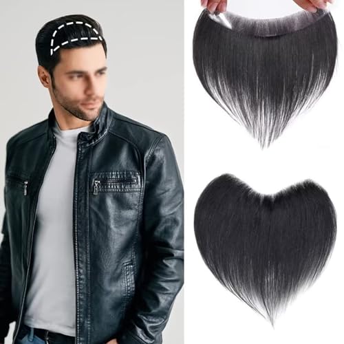 Frontaler Haarteil für Männer, Echthaar-Haut-PU-Mann-Haarteile Frontaler Haaraufsatz für fliehende natürliche V-förmige Stirn bei Haarausfall(Black,0.47 * 6.3in) von ZBYXPP