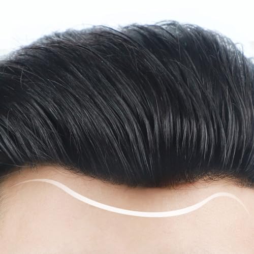Herren-Stirn-Haaransatz-Toupet, natürliches schwarzes Haar in V-Form, Haut-PU-Echthaar-Ersatzsysteme(Black,2.2 * 15CM) von ZBYXPP