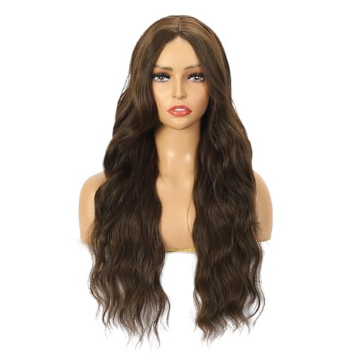 Lace Front Lange gewellte Perücke, 24 Zoll/60 cm Mittelteil Körperwelle Synthetische lockige Modeperücke für Mädchen Frauen Cosplay(Dark Brown) von ZBYXPP