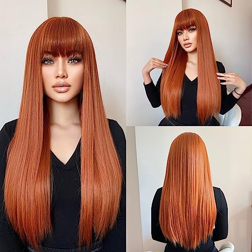 Lange Straight Hochwertige Synthetische Perücke Mit Pony Orange Damen Hitzebeständiges Faserhaar Natürliches Cosplay Täglicher Party von ZBYXPP