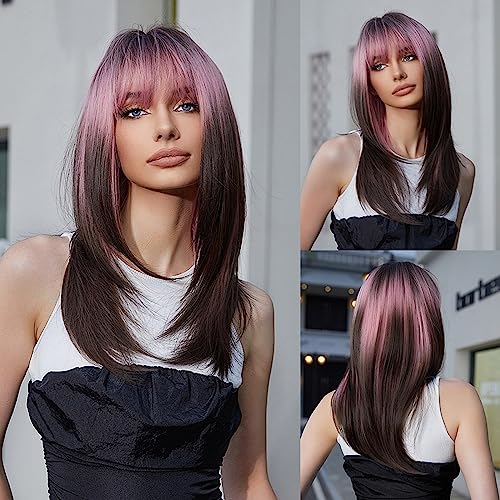 Perücke Damen Lang Mit Pony Synthetic Straight Wig for Women, Rosa Farbverlauf Braun Schichtes Tägliches Halloween Party Cosplay Wigs von ZBYXPP