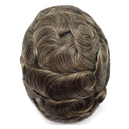 Real Hair Toupee for Men, Echthaar-Ersatzsysteme, Vollspitzen-Haarteile, 20,3 x 25,4 cm, männliche Perücken(Light Brown+40% Gray) von ZBYXPP