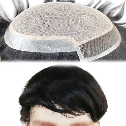 Real Hair Toupee for Men, Monobasis mit Spitze und PU-Fronthaarersatzsystem Glatte Haarteile für Männer(Black,6 * 8 inch) von ZBYXPP