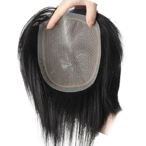 Real Hair Toupee for Men, Toupet mit natürlichem Haaransatz, atmungsaktiv, mit Pu-Echthaar-Perückensystem(Black,5.1 * 7in) von ZBYXPP