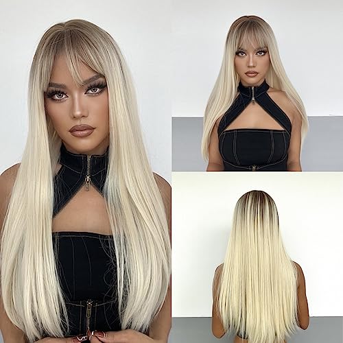 Synthetische Lang Perücke Mit Pony Blonde Wig, Ohne Frontspitze Straight Peruecken Damen Für Cosplay Party Halloween Alltag von ZBYXPP