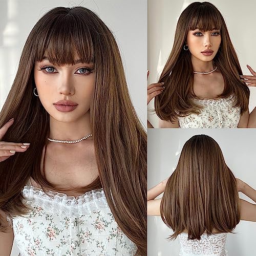 Synthetische Perücke Damen mit Pony, Lang Straight Braun Natürliche Schulterlanges Wigs for Women für Cosplay Party Halloween(Brown) von ZBYXPP