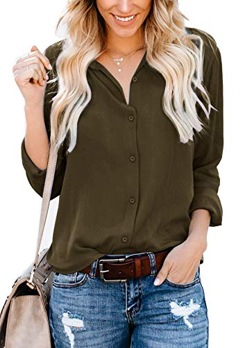 ZC&GF Damen Langarm Button Down Shirts Flanell Streifen Hemden V Ausschnitt Casual Blusen Tops Tuniken, Einfach Grün, XXL von ZC&GF