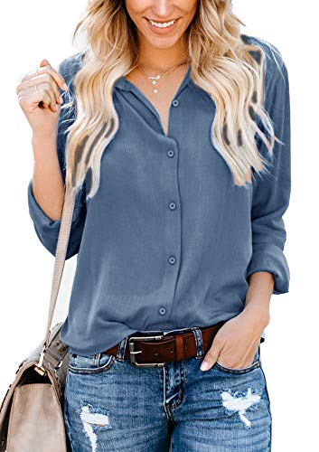 ZC&GF Damen Langarm Button Down Shirts Flanell Streifen Hemden V Ausschnitt Casual Blusen Tops Tuniken, Simple Blue, X-Large von ZC&GF