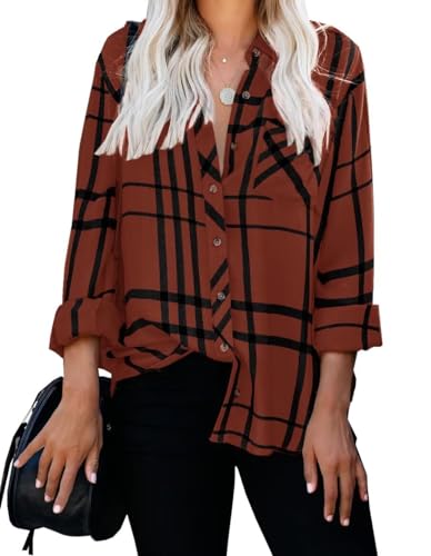 ZC&GF Damen Langarm Button Down Shirts Flanell Streifen Hemden V Ausschnitt Casual Blusen Tops Tuniken, braun, X-Large von ZC&GF