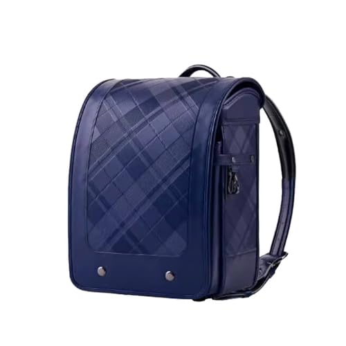 ZCBYBT Retro Karierter Rucksack Ransel Randoseru PU Leder Büchertasche Japanische Grundschule Rucksack 'Für Mädchen Jungen,Blau,35 * 27 * 20cm von ZCBYBT