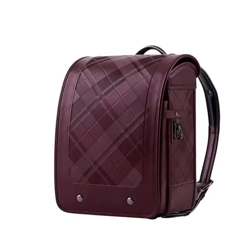 ZCBYBT Retro Karierter Rucksack Ransel Randoseru PU Leder Büchertasche Japanische Grundschule Rucksack 'Für Mädchen Jungen,Braun,35 * 27 * 20cm von ZCBYBT