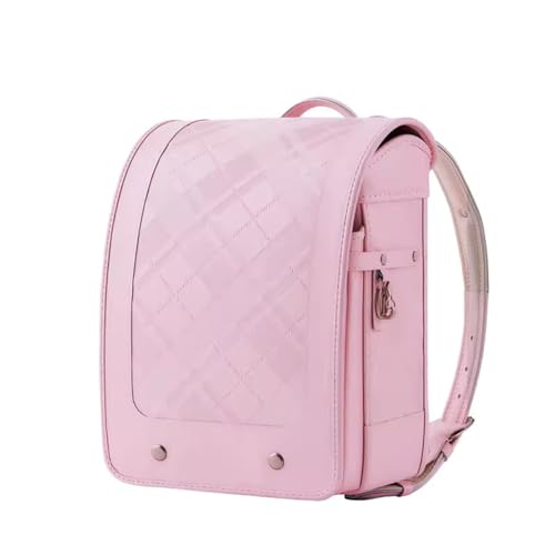 ZCBYBT Retro Karierter Rucksack Ransel Randoseru PU Leder Büchertasche Japanische Grundschule Rucksack 'Für Mädchen Jungen,Rosa,35 * 27 * 20cm von ZCBYBT