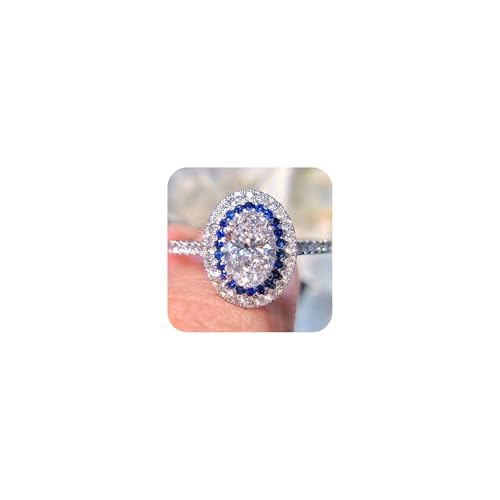 Glänzend oval blau weißem Hochzeits Statement Halo -Ring für Frauen ihre 925 sterling silbernen luxuriert simulierten Diamantgeschnitten Kubikzirkonia CZ Verlobung Versprechen 3CT -Bänder Weibliche von ZCCZJS