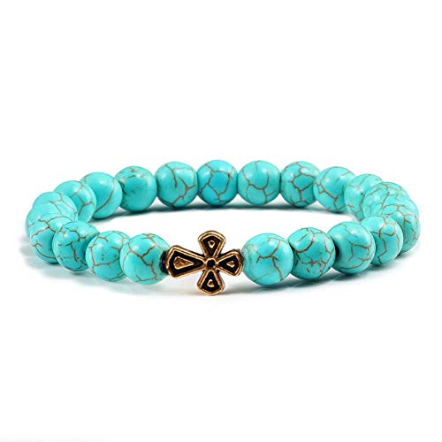 ZCCZJS 8mmlava Perlen Charme Herren Natursteinarmband Splitterkreuz Frauen Mode türkisstrang Armbänder Armreifen Schmuck18cm Aqua Blau von ZCCZJS