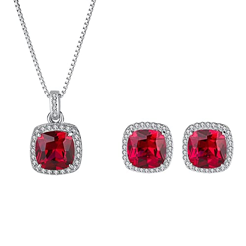 ZCCZJS 925 Sterling Silber 8 * 8mm Rubin Edelstein Anhänger Halskette Ohrringe Hochzeit Schmuck Set Geschenk für Freundin von ZCCZJS