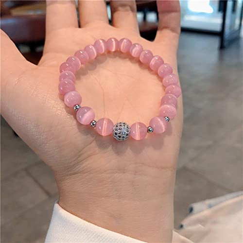ZCCZJS Charm Schmuck Edelsteinarmband, Natural Pink Cat Eye Perlen Perlen Armband, Anhänger -Armreifen, elastisches Kristallarmband Fashion Kristallschmuck für Männer Frauen von ZCCZJS