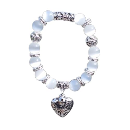 ZCCZJS Charme Schmuck Perlenarmbänder, natürliche weiße Katzen -Augensteinperlen Perlenarmband, Herzglocke Anhänger Armreifen, elastisches Kristallarmband Mode Kristallschmuck für Männer Frauen von ZCCZJS