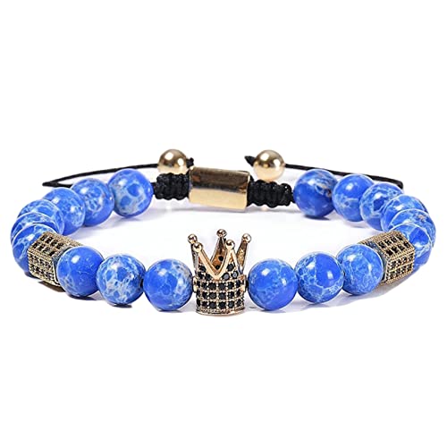 ZCCZJS Damen -Perlen -Armbänder, 8 mm blaues Steinarmband mit verstellbaren Kronenarmbändern 18 cm von ZCCZJS