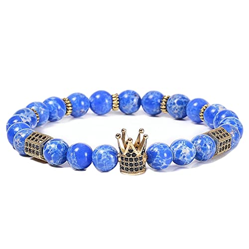 ZCCZJS Damen -Perlen -Armbänder, 8 mm blaues Steinarmband mit verstellbaren Kronenarmbändern 18 cm von ZCCZJS