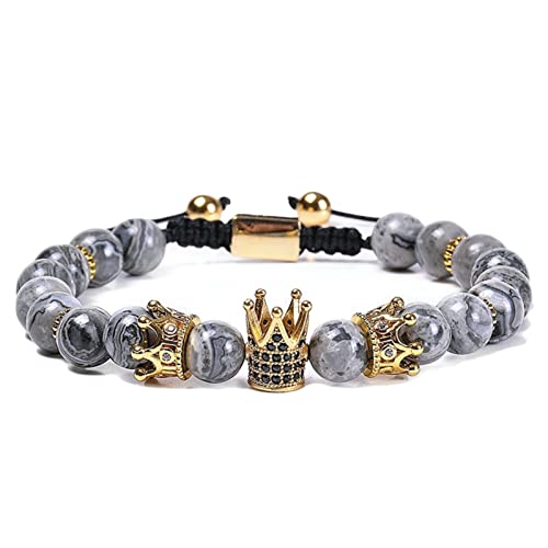 ZCCZJS Damen -Perlenarmband, 8 mm graues Steinarmband mit Kronmännern verstellbares Armband 18 cm von ZCCZJS