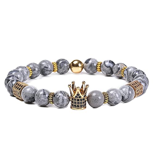 ZCCZJS Damen -Perlenarmband, 8 mm graues Steinarmband mit Kronmännern verstellbares Armband 18 cm von ZCCZJS
