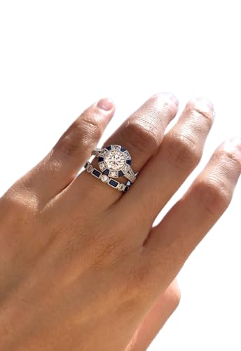 ZCCZJS Eleganter Hochzeitsverlobungsring Set für Frauen zwei-in-ein-Halo Blue Topaz Square Cubic Zirkonia-Bänder Set Rund Simuled Diamond Cut Ring Runde Kissen Cuts Cut Solitaire Rings (7#) von ZCCZJS